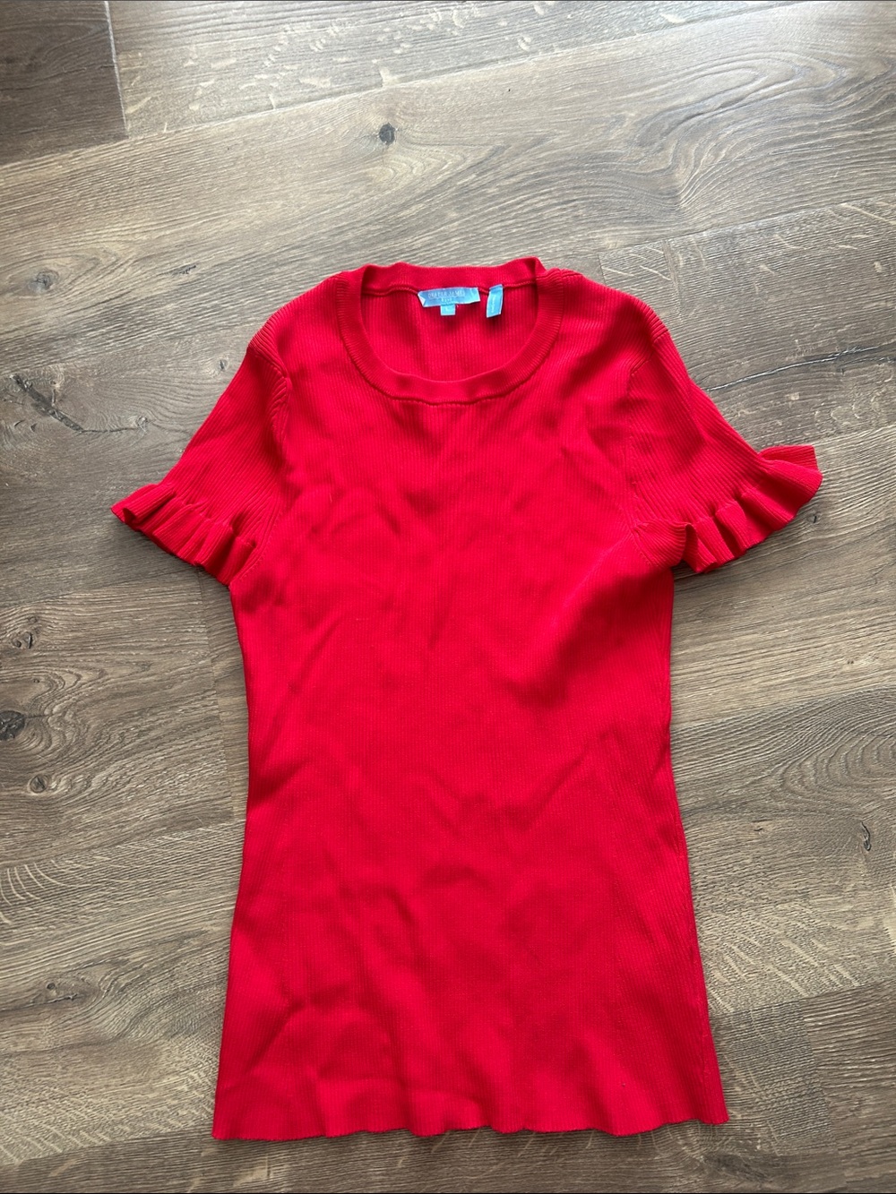 Red Short-Sleeve Ruffle Trim Knit Top
